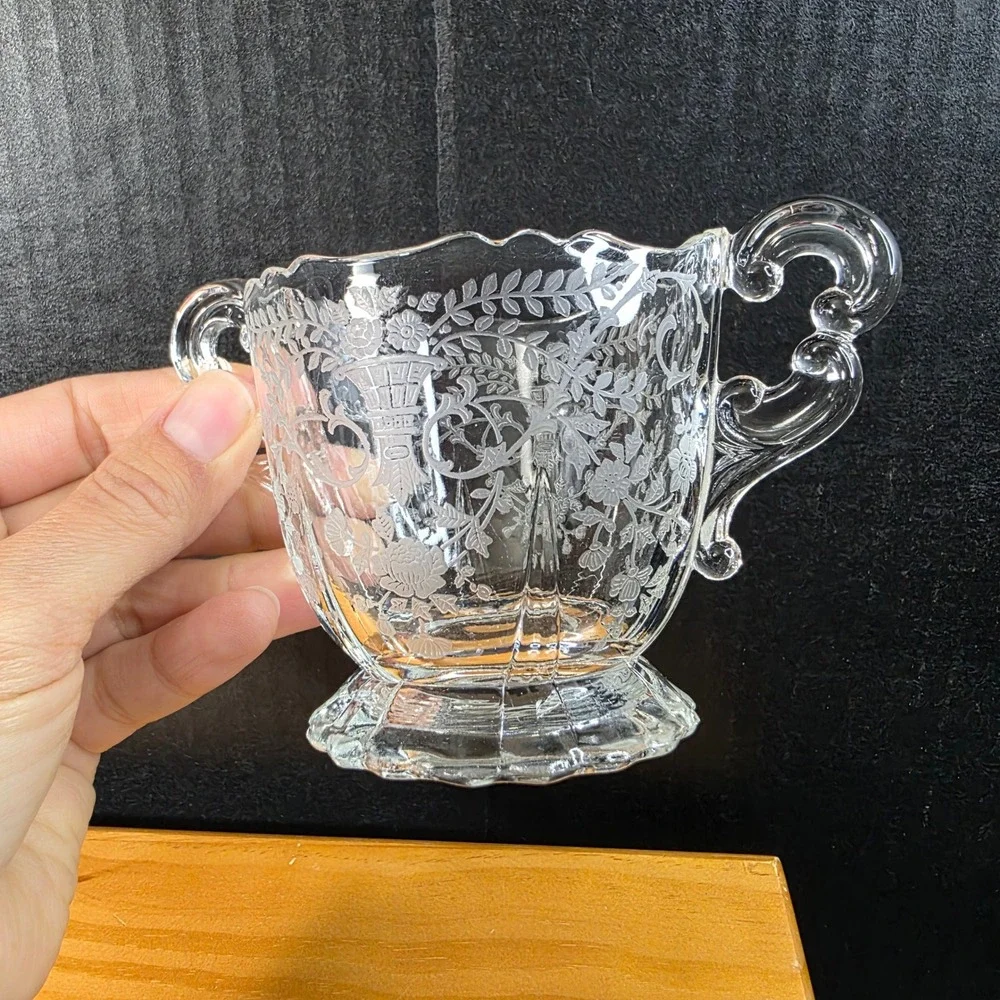 Crystal Glass Creamer and Sugar Bowl Set Etched Filigree Floral Holiday Wedding